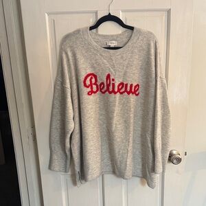 CeCe Gray Sweater with Red 'Believe' Text